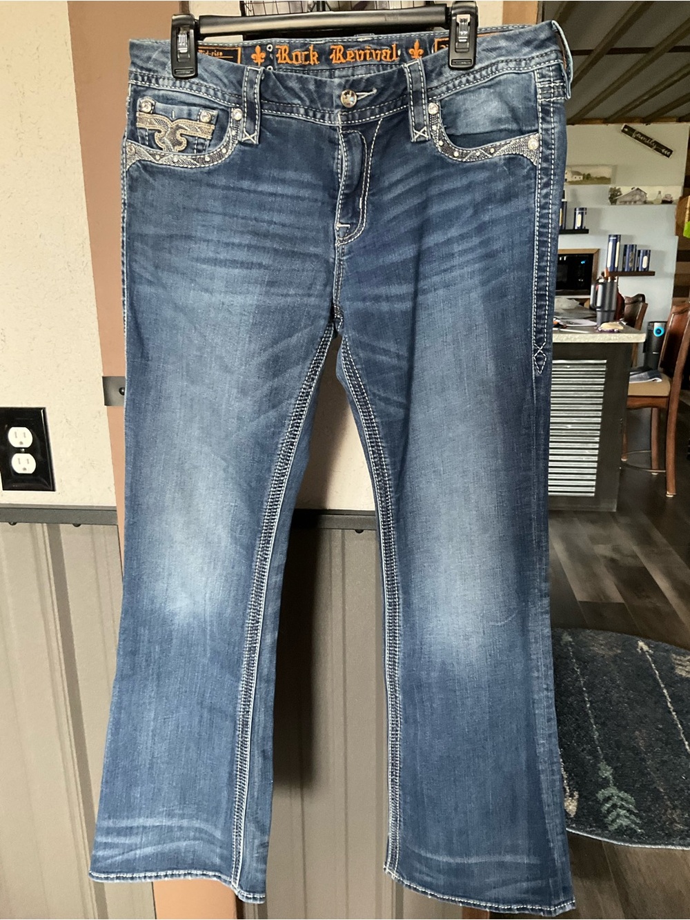Rock Revival Women's Medium Blue Flared Jeans with Embellished Pockets